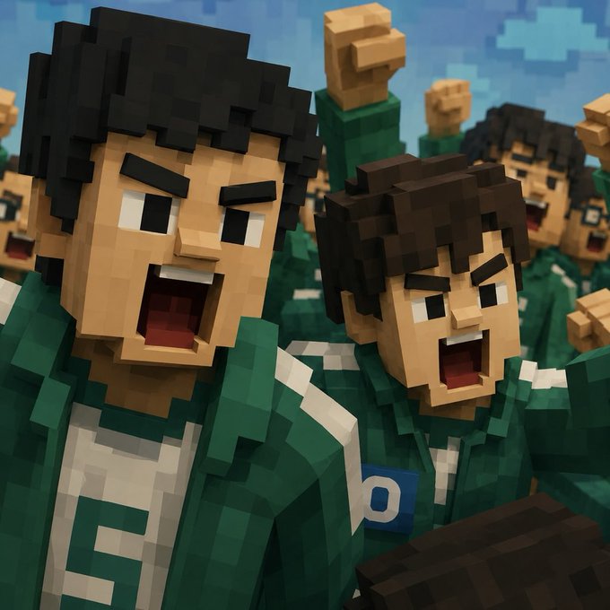 Blocky, Minecraft-style characters wearing green tracksuits with numbers, including a prominent '6', are shown cheering with raised fists and angry expressions.