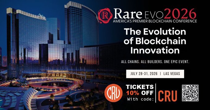 Promotional banner for Rare EVO 2026, billed as "America's Premier Blockchain Conference," happening July 28-31, 2026 in Las Vegas with the tagline "The Evolution of Blockchain Innovation" and a "Tickets 10% Off" offer using code "CRU" for CryptosRUs attendees.