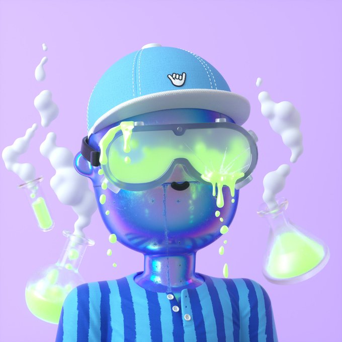 A 3D rendered character with a blue metallic head wearing a blue cap, goggles overflowing with glowing green slime, and a blue striped shirt, set against a lavender background with science flasks.