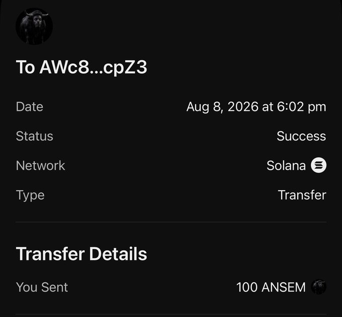The image displays a successful Solana transfer transaction dated Aug 8, 2026, showing 100 ANSEM tokens sent to the address "AWc8...cpZ3," which corresponds to the airdrop mentioned in the post.