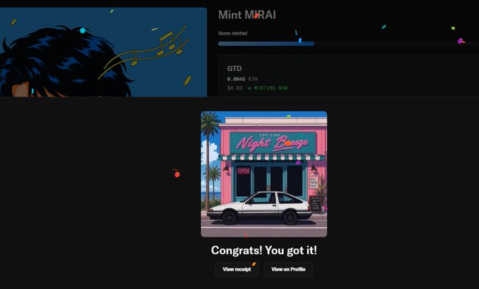 The screen shows a successful "Mint MIRAI" with the message "Congrats! You got it!". This relates to the post's excitement about the reveal and the completed minting process.