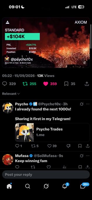 A mobile social media post by @psycho10x displays a trading result for 'STANDARD' showing a profit of +$104K and +62471% PNL, with comments from followers celebrating wins.