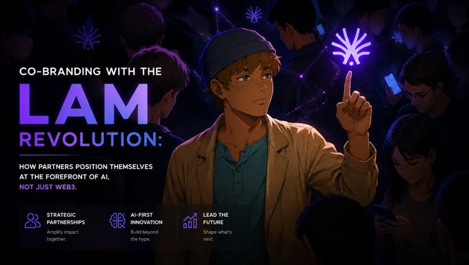 An anime-style illustration shows a young man in a beanie pointing upward toward a glowing purple neural network icon amid a crowd of people on phones, with the headline "CO-BRANDING WITH THE LAM REVOLUTION: HOW PARTNERS POSITION THEMSELVES AT THE FRONT OF AI, NOT JUST WEB3," alongside three pillars: "STRATEGIC PARTNERSHIPS — Amplify impact together," "AI-FIRST INNOVATION — Build beyond the hype," and "LEAD THE FUTURE — Shape what's next."

The image visually reinforces the post's message by contrasting a passive crowd consumed by their phones with the central figure actively engaging with AI—symbolizing how strategic partners should look beyond Web3 hype and position themselves at the forefront of the LAM (Large Action Model) revolution, where AI moves from simply answering questions to executing and verifying real on-chain actions.