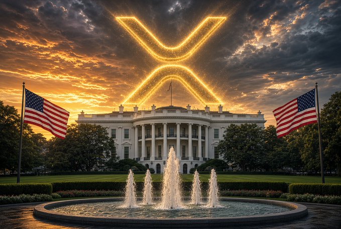 A digitally edited image of the White House with two American flags on either side and a fountain in the foreground, featuring a large glowing golden XRP logo overlaid in the sky during a dramatic sunset.