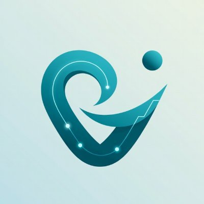 A stylized teal and blue logo featuring flowing curved lines forming a heart or figure shape with a small circle accent, set against a light blue gradient background.