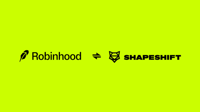 A green graphic showing the Robinhood logo connected by an exchange arrow to the ShapeShift logo, indicating a swap or partnership.