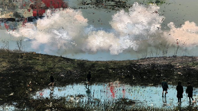 A textured, impressionistic painting depicts figures walking across a marshy landscape with reflective water pools under a cloudy sky.