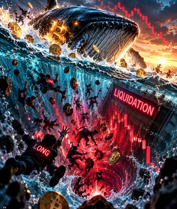 A dramatic crypto market crash illustration showing a giant whale emerging from turbulent waters amid falling Bitcoin coins, while traders labeled 'LONG' plummet into a red abyss toward a neon 'LIQUIDATION' sign, with red candlestick charts in the background.