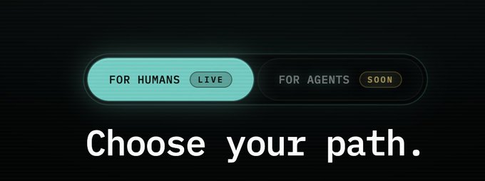 The image shows a banner with text that reads "Choose your path." This message is related to an agent natively built by @base, which is designed for agents to discover, pay in USDC via x402, receive an access packet, and connect through MCP to memory, governance, and execution. The human stays the owner of this agent natively built on @base.