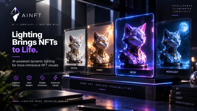 An AINFT promotional banner reads 'Lighting Brings NFTs to Life,' showcasing four cat bust NFTs displayed under different lighting conditions: NEUTRAL, SUNSET, NEON, and MOONLIGHT.