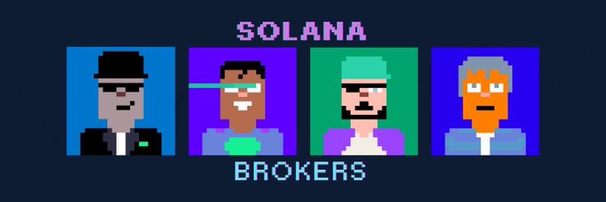 Pixel art banner titled 'SOLANA BROKERS' featuring four characters wearing sunglasses and suits against colored backgrounds.