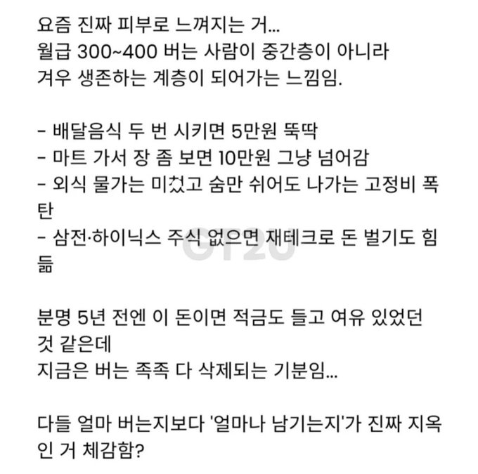 The image displays a Korean social media post discussing the financial struggles of middle-class earners, noting that even making 300-400만 원 (3-4 million won) per month is no longer considered middle class due to inflation. The post lists expenses like delivery food (5만원), going out for lunch (10만원), basic groceries (fixed cost), and housing expenses, concluding that a single person's survival has become "hell on earth" if you don't have a clear advantage.

This directly relates to the accompanying post, as both highlight the harsh reality that even what was traditionally considered a decent middle-class income is now insufficient to live comfortably due to rising costs and inflation pressures.