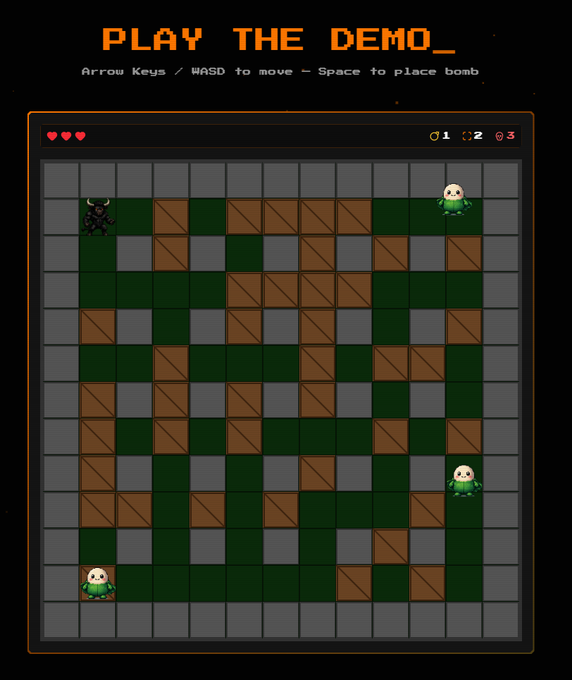 A pixel-art style game demo screen with a grid of crates, showing a player character, green enemies, and a bull enemy, with instructions 'Arrow Keys / WASD to move – Space to place bomb'.