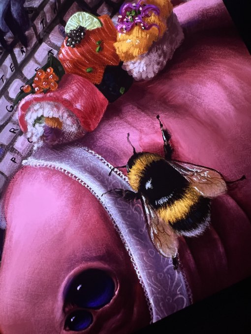A detailed painting of a bumblebee resting on pink satin fabric, with a colorful sushi platter visible in the background.