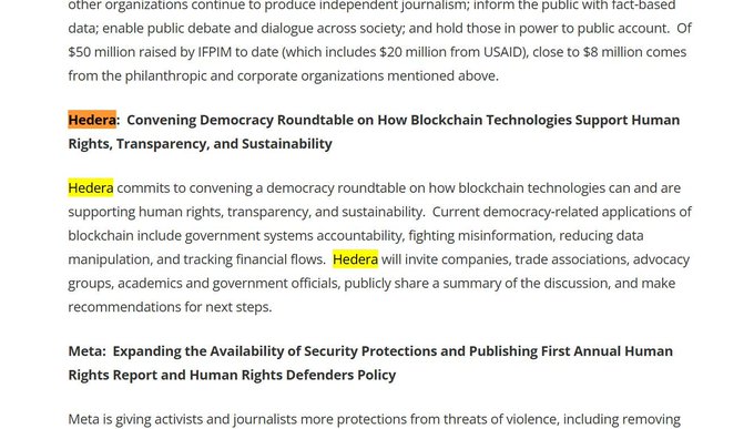 The image displays a text excerpt discussing blockchain applications in human rights and transparency, with highlighted mentions of **Hedera** (convening a democracy roundtable on blockchain technology for human rights) and **Meta** (expanding security protections for activists and journalists), along with a reference to **IFPIM** having raised $50 million (including $20 million from USAID). The image connects to the "Fantastic 4" post (XRP, XLM, XDC, HBAR) by highlighting **Hedera (HBAR)** as one of these blockchain projects actively supporting human rights initiatives.