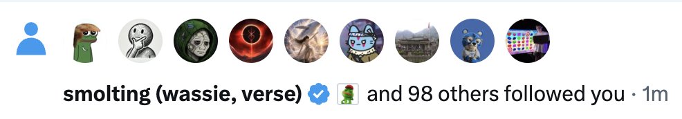 A social media notification shows that "smolting (wassie, verse)" and 98 others followed the user 1 minute ago, suggesting the user recently gained significant followers. This aligns with the post, where the user is requesting a $TOAD airdrop to distribute among their now-expanded community.