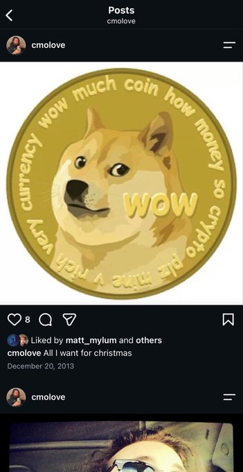 An Instagram post screenshot from user 'cmolove' displaying the Dogecoin logo with a Shiba Inu dog, captioned 'All I want for christmas' and dated December 20, 2013, with 8 likes.
