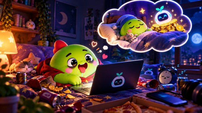 A whimsical digital illustration of a green cartoon creature with big eyes happily using a laptop in a cozy room at night, daydreaming about sleeping on a cloud with gold coins and a small blue character.
