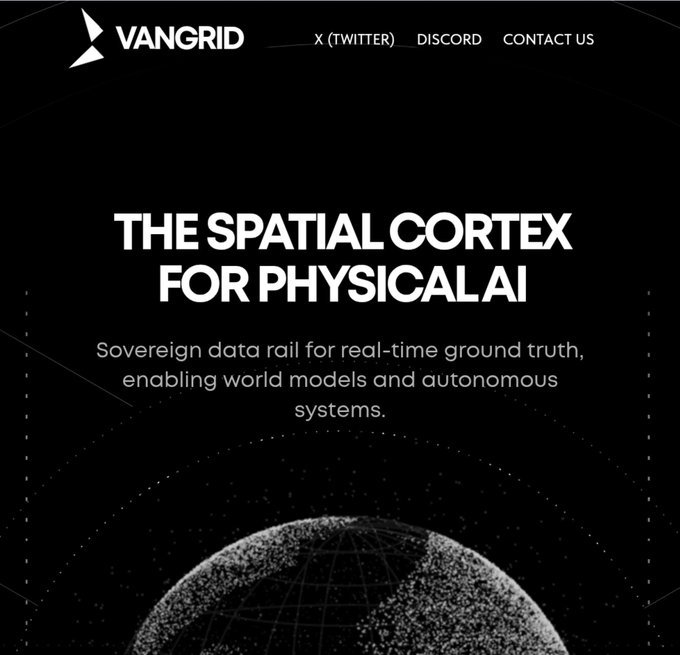A website header for 'VANGRID' reads 'THE SPATIAL CORTEX FOR PHYSICAL AI' with the subtitle 'Sovereign data rail for real-time ground truth, enabling world models and autonomous systems' over a black background featuring a digital globe.