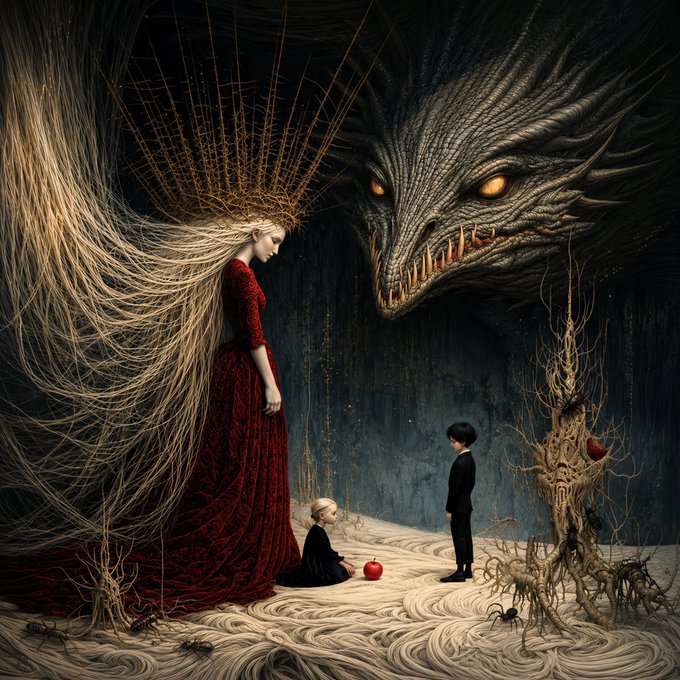 Dark fantasy artwork featuring a woman in a red dress with wild hair, a menacing dragon-like creature with glowing eyes, a small boy, and a seated girl holding a red apple.