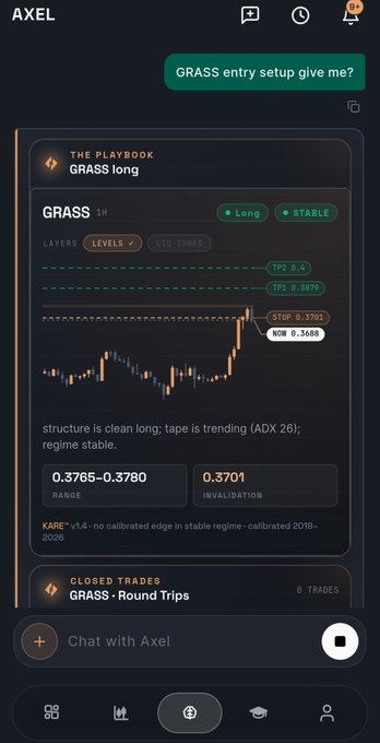 Screenshot of the AXEL app showing a user query 'GRASS entry setup give me?' and a 'THE PLAYBOOK GRASS long' chart analysis with LONG/STABLE signals and stop levels at 0.3765-0.3780 and 0.3701 invalidation.