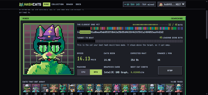 A screenshot of the Hashcats mining interface showing a pixel-art green cat with sunglasses, displaying a hash rate of 16.13 MH/S, 564 mined, and a balance of 68 500 165.