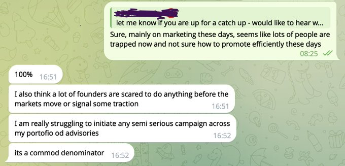 WhatsApp conversation about marketing struggles, with messages discussing how founders are scared to start campaigns before markets move, mentioning a 'comm mod denominator'.