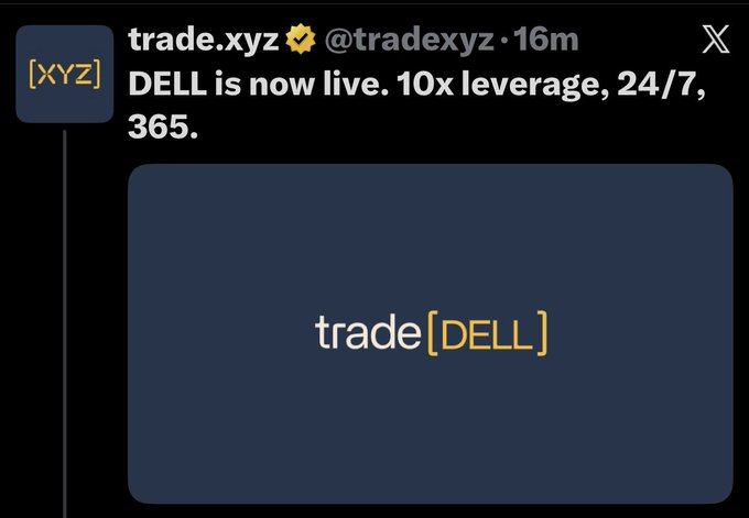 The image features an announcement or social media post by @tradexyz, sharing important information about stock trading and the performance of a company named DELL IBM. The post mentions that there has been a recent increase in daily open interest driving HYPERLIX'S total HIP-3 OI to a record $2.88B. This indicates that investors are actively investing in this particular company, which is a key indicator for traders or market analysts.