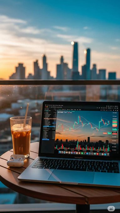 A laptop displaying a cryptocurrency trading chart sits on a balcony table beside a glass of iced tea, overlooking a city skyline at sunset with AirPods nearby.