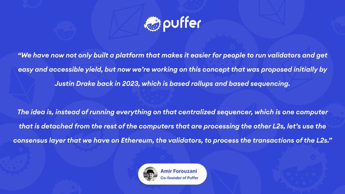 The image is a branded quote graphic from Puffer featuring co-founder Amir Forouzani, who discusses the concept of based rollups and based sequencing as proposed by Justin Drake in 2023. He explains the idea of using Ethereum's existing validator consensus layer to process L2 transactions instead of relying solely on centralized sequencers, directly supporting the post's point about extending Ethereum's validator infrastructure to support L2 sequencing.