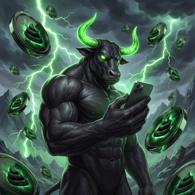 A digital illustration of a muscular black minotaur with glowing green horns and eyes, looking at a smartphone, surrounded by floating green coins with poop emojis and lightning.