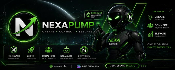 A promotional banner for 'NEXA PUMP' on Solana, featuring an AI robot character as the 'NEXA GUIDE,' with sections for MEME WARS, LAUNCH, SOCIAL HUBS, NEXA GUIDE, and $NXP TOKEN, and the tagline 'CREATE. CONNECT. ELEVATE. ONE ECOSYSTEM. ENDLESS POSSIBILITIES.'