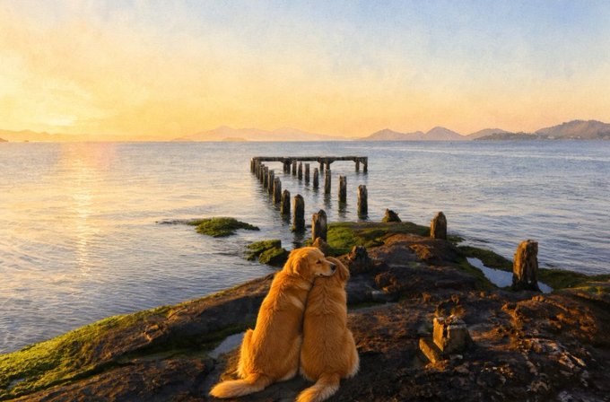 Two golden retriever dogs sit on a rocky shore at sunset, looking out at calm waters with the remains of an old wooden pier extending into the distance.