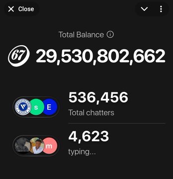 A screenshot showing a "Total Balance" of 29,530,802,662 (with 67 displayed prominently), 536,456 total chatters, and 4,623 typing, indicating high activity on what appears to be the @sixsevenapp Telegram mini app—a notable metric given the post's framing of the platform's rapid growth and overcoming early skepticism.