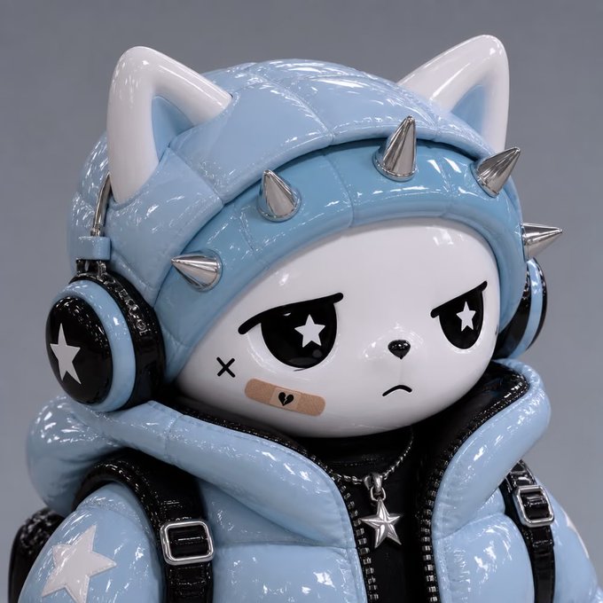 A 3D-rendered figure wearing a quilted light blue hooded jacket with silver spikes, a star-patched headset, and a small bandage on its cheek.