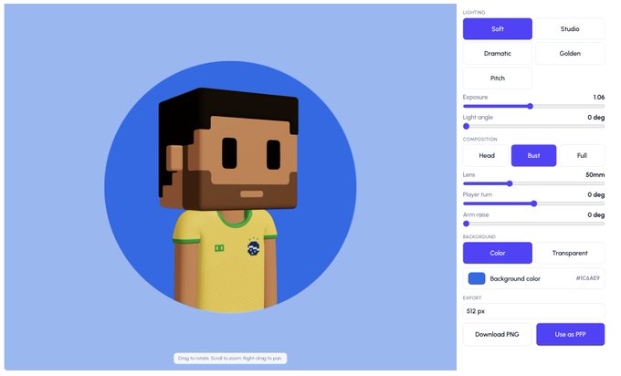 The image shows a computer screen displaying a 3D rendering of a man wearing a yellow shirt with a green emblem, possibly representing a soccer player or character from a video game. The background color of the image is blue, which contrasts with the man's yellow shirt and adds depth to the scene. The image also includes text that reads "Focus on what is in the image and how it relates to the post 'Introducing the Meebits Futbol PFP Studio!'" This suggests that the image might be related to a discussion or tutorial about 3D rendering, character design, or video game development using the Meebits Futbol PFP Studio software.