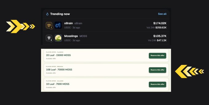 A cryptocurrency trading interface displays a 'Trending now' section listing 'oBrain (oBrain) - USDC' at $174.02K and 'Mosslings (MOSS) - USDC' at $105.37K, along with three P2P offer panels in MOSS currency.