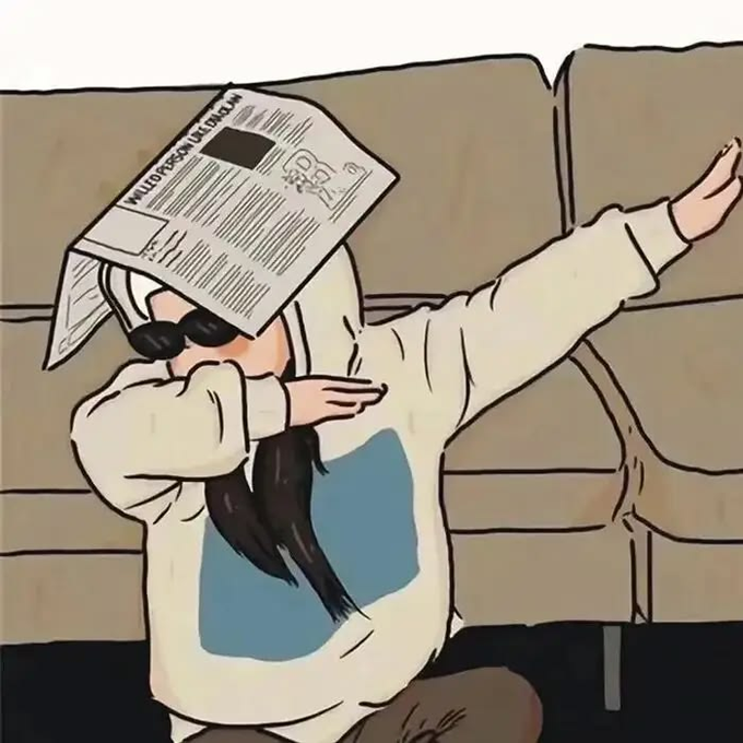A cartoon illustration of a person with a newspaper for a head wearing sunglasses and striking a dab pose while sitting on a couch.