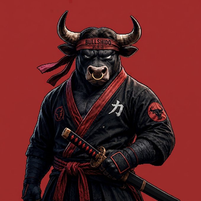 An illustrated depiction of a samurai bull with large horns wearing a black gi and a red headband reading 'BULLSHIDO 武士店', wielding a katana sword against a red background.