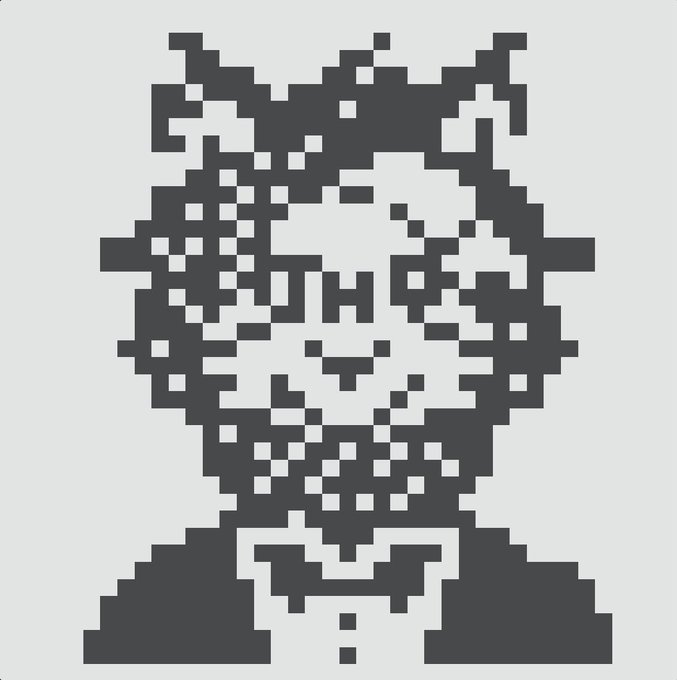 Pixel art style monochrome portrait of a smiling person with glasses and a checkered scarf against a light background.