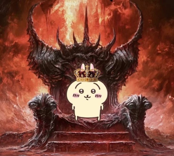 A cute Chiikawa rabbit character wearing a golden crown sits on a dark, spiky throne set against a fiery red hellscape background. The image humorously depicts the $CHIICAWA meme token as an unlikely "king" or champion of the meme coin space, poking fun at its rise to millions in market value.
