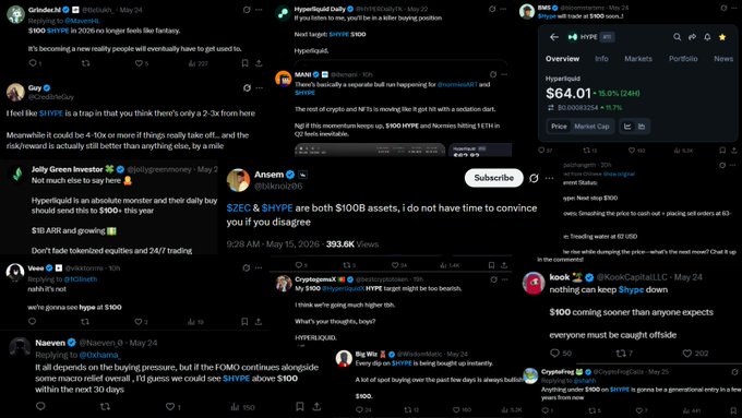 The image shows a collage of various social media posts, including tweets from different users. One of the tweets stands out as it says "HYPE $100 calls everywhere on tl price target or exit liquidity signal". This tweet seems to be related to the post about investing in bitcoin and is part of the larger collection of social media content.

The image also contains other posts, such as a post from someone named "Tanya" who has tagged another user with her name. The collage includes various types of content, including photos, text, and logos.