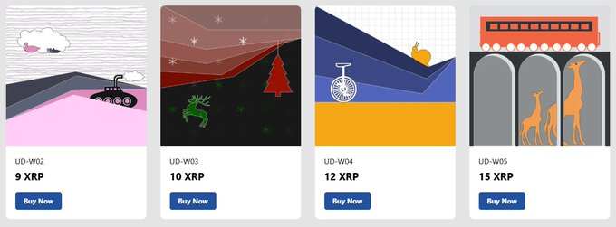 Four digital art cards labeled 'UD-W02' through 'UD-W05' priced in XRP, featuring minimalist illustrations of a pink landscape, a starry deer scene, a pocket watch, and orange giraffes.