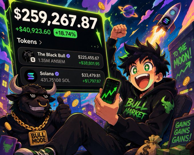 A vibrant anime-style illustration celebrating a bull market, showing a character holding a phone displaying $259,267.87, alongside tokens 'The Black Bull' (+$38,801.95) and Solana (+$1,797.87), with text reading 'TO THE MOON!' and 'GAINS GAINS GAINS!'.