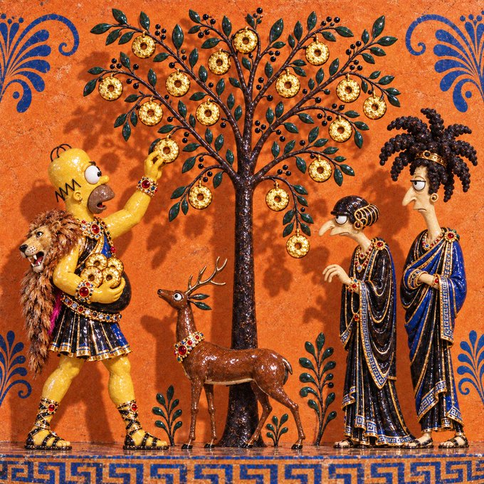 A decorative relief sculpture depicts Homer Simpson dressed as Hercules with a lion skin and golden apples reaching toward a golden apple tree, observed by Marge Simpson and another figure, alongside a brown deer against an orange background with Greek patterns.