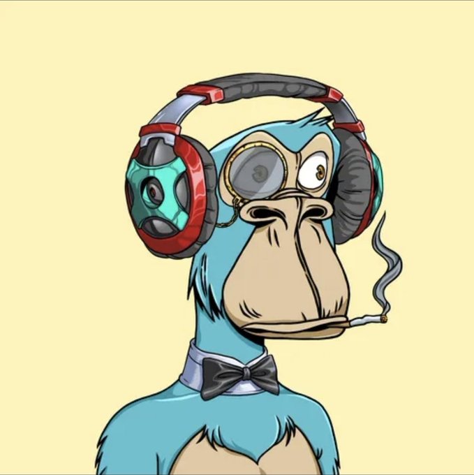 An illustration features a blue monkey wearing large red and teal headphones, a monocle, and a bow tie, while smoking a cigarette.