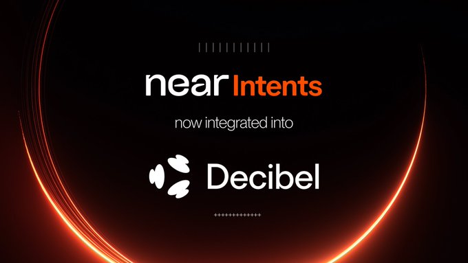 The image displays a promotional graphic with a dark background and an orange glowing ring, featuring the text "near Intents now integrated into Decibel" with the Decibel logo. This visually announces the partnership described in the post, where NEAR Intents serves as Decibel's cross-chain swap provider, enabling users to trade assets like BTC across 30+ chains on the Aptos-based perpetuals exchange.