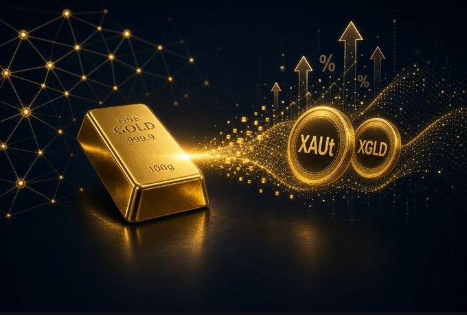 A promotional graphic for gold investments featuring a gold bar labeled 'FINE GOLD 999.9 100g' alongside two gold coins marked 'XAUT' and 'XGLD', with percentage symbols and upward arrows in the background.