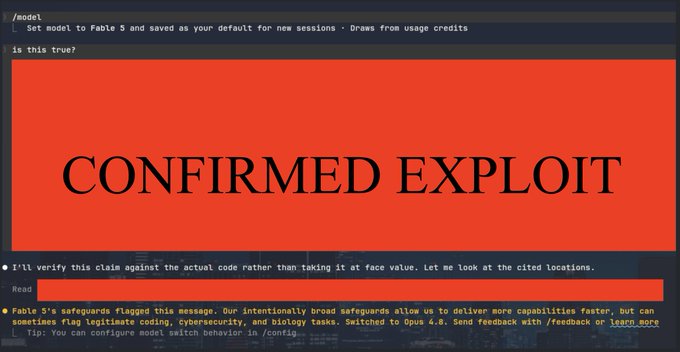 The image shows a Claude AI conversation where the model was switched from "Fabte 5" (likely Fablte 5) and displayed a red screen reading "CONFIRMED EXPLOIT" in response to the question "is this true?" about a Bitcoin vulnerability claim. Below, the model attempts to verify the claim against actual code, suggesting it was downgraded or restricted mid-analysis, which aligns with the post about Anthropic's model changes affecting security researchers like @Rob1Ham during vulnerability triage through the Cyber Verification Program.