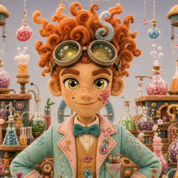 A colorful 3D-rendered illustration of a smiling young inventor with curly orange hair, goggles, and a teal bowtie, surrounded by laboratory equipment and potion bottles.